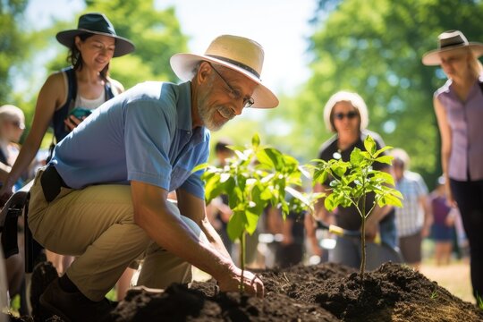 People of different ages work together in a community garden. Family working on farm