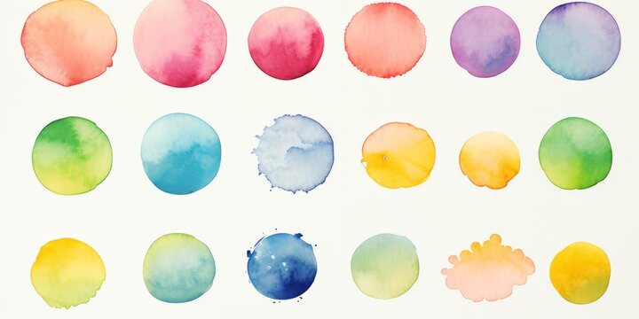 A Vibrant Array of Colorful Circles on a Clean White Canvas. A bunch of different coloured circles on a white background, Watercolour Painting