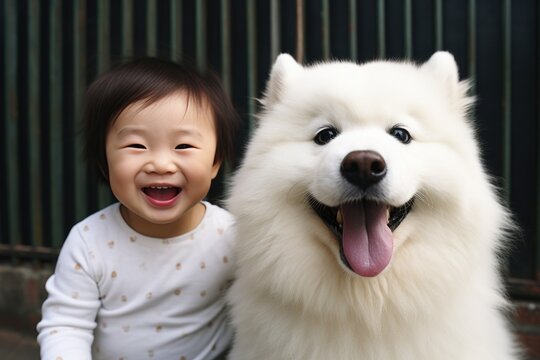 Young asian child playing with samojed dog