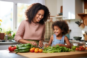 In the kitchen, a parent and child collaborate on preparing a balanced meal that aligns with dietary restrictions. The parent explains the importance of nutrition in managing their health condition - obrazy, fototapety, plakaty