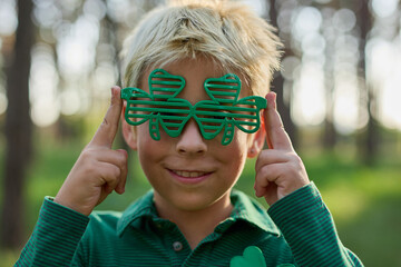 Cute little boy wearing shamrock glass on St Patrick's Day festival