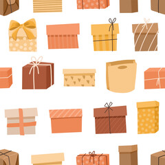Seamless pattern of gift craft boxes, paper boxes on white background, flat vector holiday background
