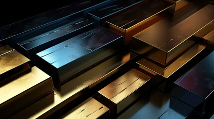 Random stacked shiny gold and black metal bars background