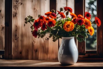 Artistic shot of a variou flowers in a porcelain vase, placed near a window, minimalist design, wooden surface background