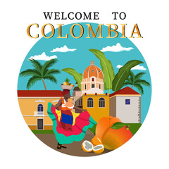 vector on the theme of Colombia. Colombian woman in national costume, exotic fruits. Banner for tourism. welcome to colombia