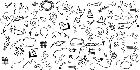 Vector Scribble Doodle Icons Sketch Paper Set Transparent Background. Hand drawn set elements, for concept design. vector illustration.