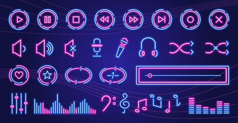 Neon glowing music icons, audio, sound, records, music players and music keys signs and symbols, user interface digital design elements and buttons. Vector illustration.