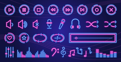 Neon glowing music icons, audio, sound, records, music players and music keys signs and symbols, user interface digital design elements and buttons. Vector illustration. © Diana Berber