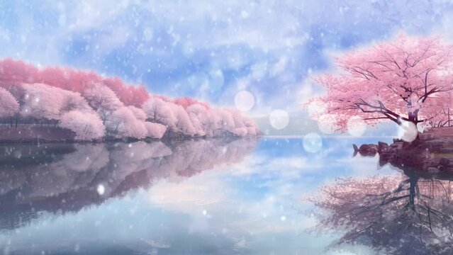 A tranquil lake encircled by vibrant cherry blossom trees under a mesmerizing winter snowfall