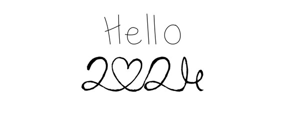 Black Hello 2024 one line art on white background, hand drawn continuous contour. Holiday concept, festive lettering. New year handwriting text, sketch style, minimalist design. Editable stroke. 