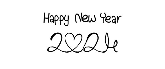 Black Happy new year 2024 one line art on white background, hand drawn continuous contour. Holiday concept, festive lettering. New year handwriting text, sketch style, minimalist design. 
