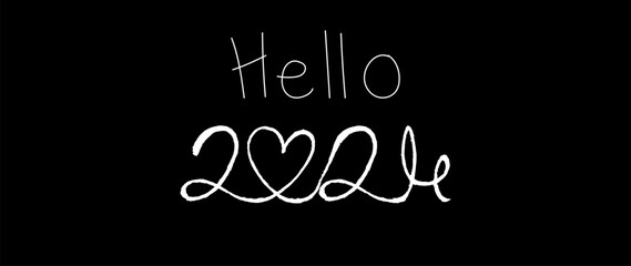 White Hello 2024 one line art on black background, hand drawn continuous contour. Holiday concept, festive lettering. New year handwriting text, sketch style, minimalist design. Editable stroke. 