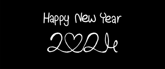 White Happy new year 2024 one line art on black background, hand drawn continuous contour. Holiday concept, festive lettering. New year handwriting text, sketch style, minimalist design.