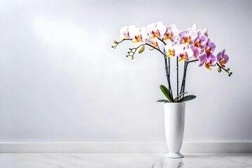 Artistic shot of orchid in a white ceramic vase, placed on a marble pedestal, minimalist design, elegant indoor interior background,