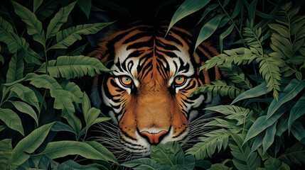 Tiger framed by dense tropical foliage, a glimpse into its secret world Ai Generative