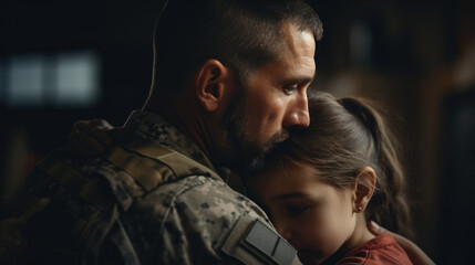 a soldier hug with daughter inside the building