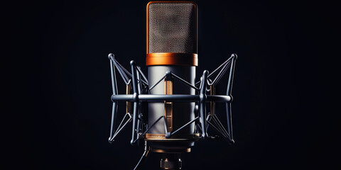 Obraz na płótnie Canvas Closeup of professional microphone with dark uniform backdrop. Generative AI