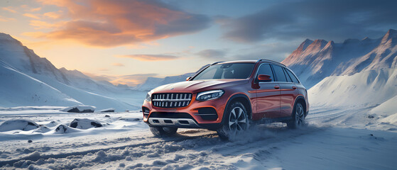 SUV rides on a winter forest road. A car in a snow-covered road among trees and snow hills - Powered by Adobe