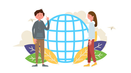 Two people are standing in front of world wide web background