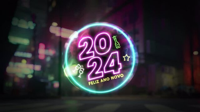 Feliz ano novo 2024. Happy New Year 2024. Colourful neon lights and digits. Portuguese text outline in a transparent glass ball. Champagne, glasses, star animation. Blurred city horizontal background