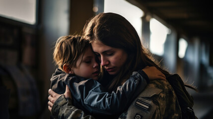 Fototapeta na wymiar woman soldier with son inside the building
