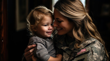 woman soldier with son inside the home