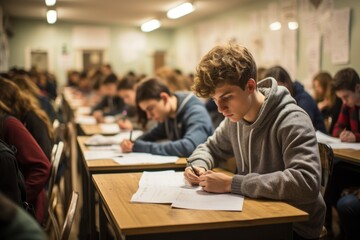 Young students taking exams in class - obrazy, fototapety, plakaty