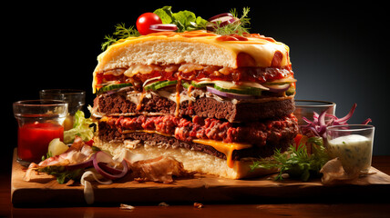 Una imagen que destaca las diferentes texturas y capas de un plato, como un corte transversal de una hamburguesa o una tarta. - obrazy, fototapety, plakaty