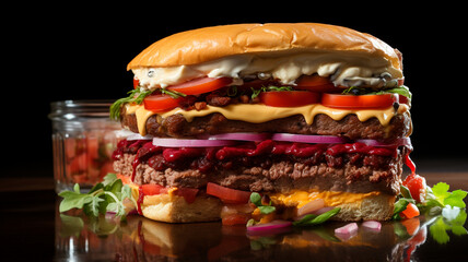 Una imagen que destaca las diferentes texturas y capas de un plato, como un corte transversal de una hamburguesa o una tarta.