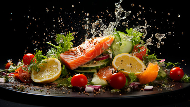 Una imagen que capta el movimiento de los alimentos al ser servidos o cortados, lo que puede transmitir frescura y sabor en acción.
