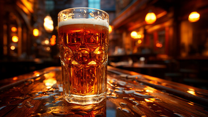 Cerveza fría vertida en vaso desde grúa en fondo de pub - obrazy, fototapety, plakaty