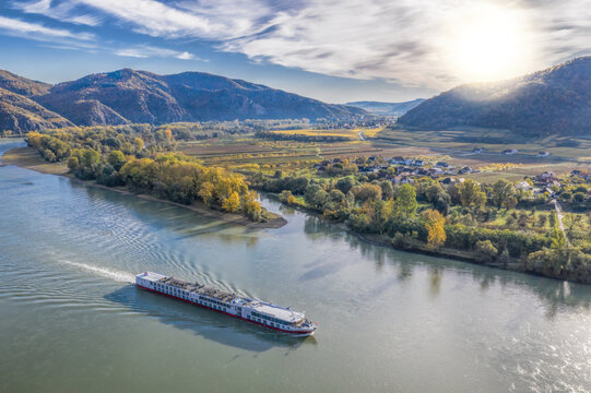 Panorama of Wachau valley (Unesco world heritage site) with ship on Danube river near the Weissenkirchen village in Lower Austria, Austria