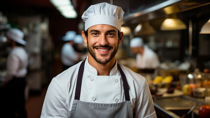 Fotografía de un joven barbudo vestido con uniforme de cocinero, con gorro de cocinero, sonriendo mientras mira directamente a la cámara. - obrazy, fototapety, plakaty