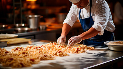 Fotografía de un experto cocinero preparando pasta en una cocina profesional bien equipada. - obrazy, fototapety, plakaty