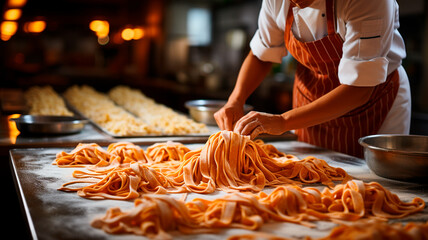 Fotografía de un experto cocinero preparando pasta en una cocina profesional bien equipada. - obrazy, fototapety, plakaty