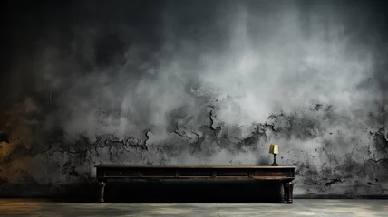 Fotobehang Pared de cemento abstracto oscuro vacío y sala de estudio con humo flotan textura interior para productos de exhibición de fondo de la pared. © Eva