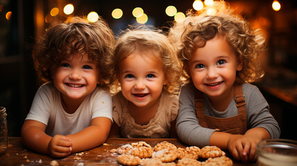 Familia feliz niños divertidos hornear galletas en la cocina. Concepto de infancia creativa y feliz. - obrazy, fototapety, plakaty