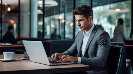 Fotografía de un joven empresario concentrado y serio en un entorno de oficina, sentado en un escritorio con un ordenador portátil abierto, profundamente absorto en un nuevo proyecto.