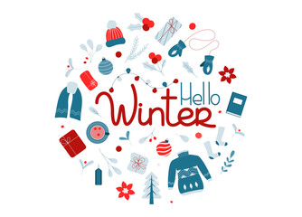 Cozy winter set. Plants, clothes, decorations, gifts. Christmas design elements for cards, scrapbooking, stickers. Vector illustration on a white background.