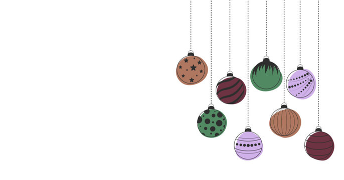 Christmas balls hanging on a rope. Merry Christmas and Happy New Year greeting card template. Vector illustration.