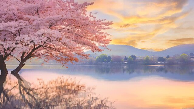 A serene lake, hugged by vibrant cherry blossoms, under a captivating spring sunrise