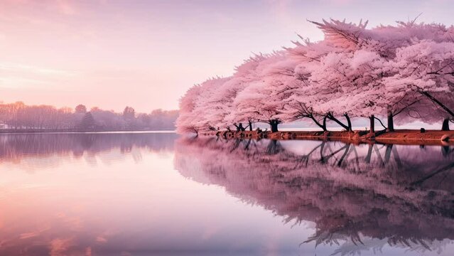 A serene lake, hugged by lively cherry blossoms, under a captivating spring dawn