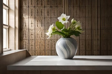 Artistic shot of a single hellebore in a marble vase, placed near a window, minimalist design, wooden surface background