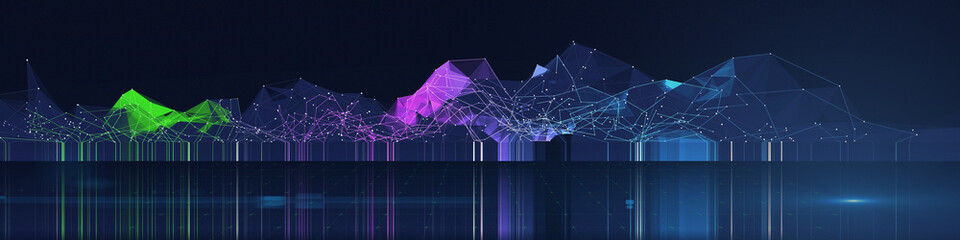 Abstract background color graph from chaotic polygons grid on dark. Technology concept data grid. Big Data. Banner for business, science and technology data analytics.