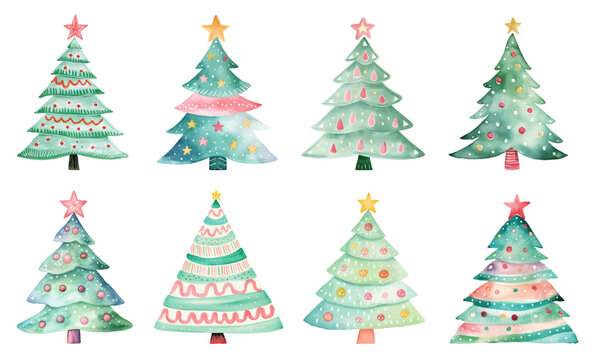 Set of Cute Vector Watercolor Christmas Trees, Evoking the Innocence and Joy of Children's Drawing in a Festive Festoon of Holiday Chee, Generative AI
