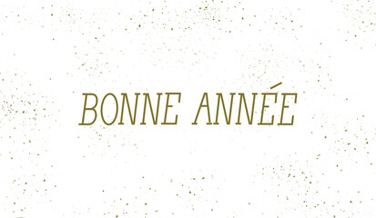Happy New Year 2024 French text on white background with gold glitter.