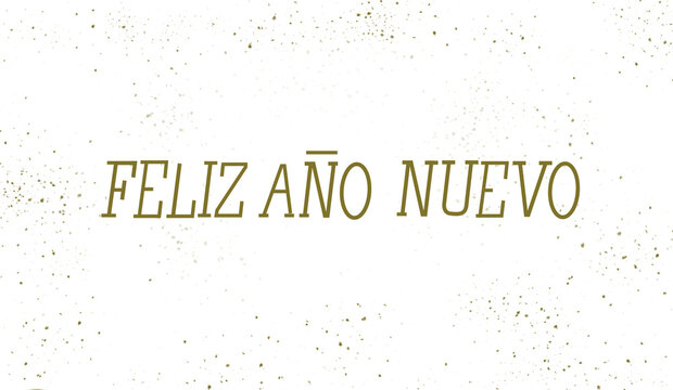 Happy New Year 2024 text in Spanish on white background with gold glitter. 
