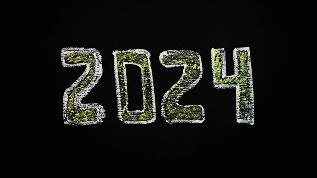 2024 Happy new year. White chalk on blackboard 2020 2021 2022 2023 2024.