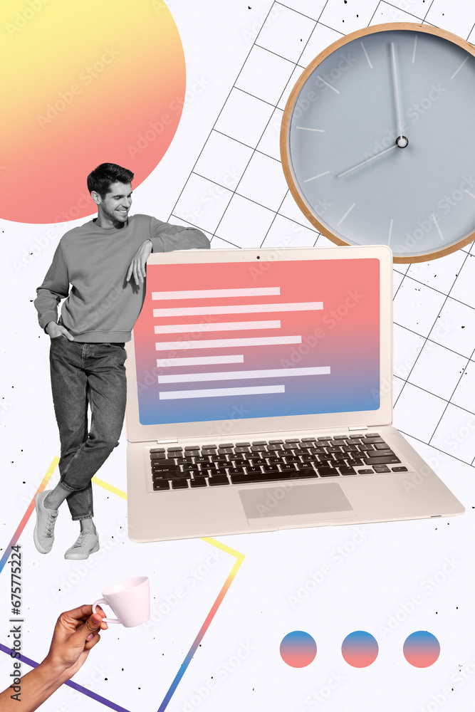 Poster creative 3d magazine collage image of happy worker showing presentation apple samsung modern device 