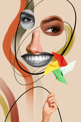 Photo cartoon comics sketch collage picture of funky different face body parts rising toy windmill...